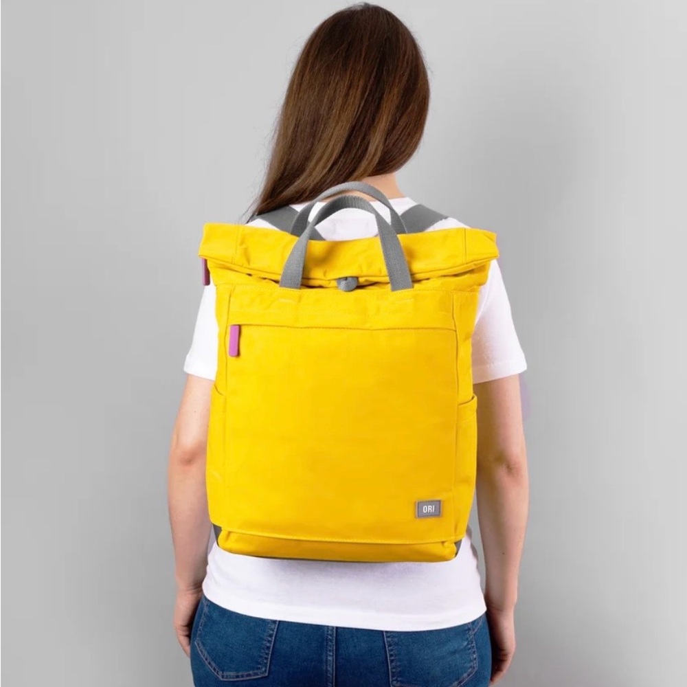 ORI London Camden Yellow Roll-Top Backpack with Gray Straps